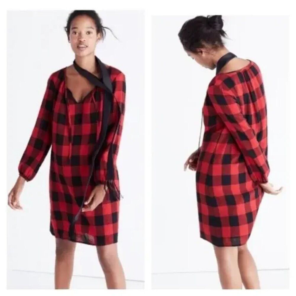 Madewell Wool Signal Buffalo Check Plaid Tunic Dress Black Red